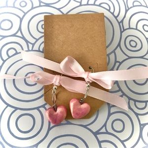 Handmade drop clay heart pierced earrings with bows one of a kind valentines s/t